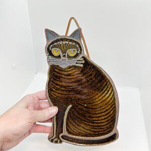 Vintage Victoria Littlejohn Ceramic Pottery Cat Glass Wall Hanging Tabby